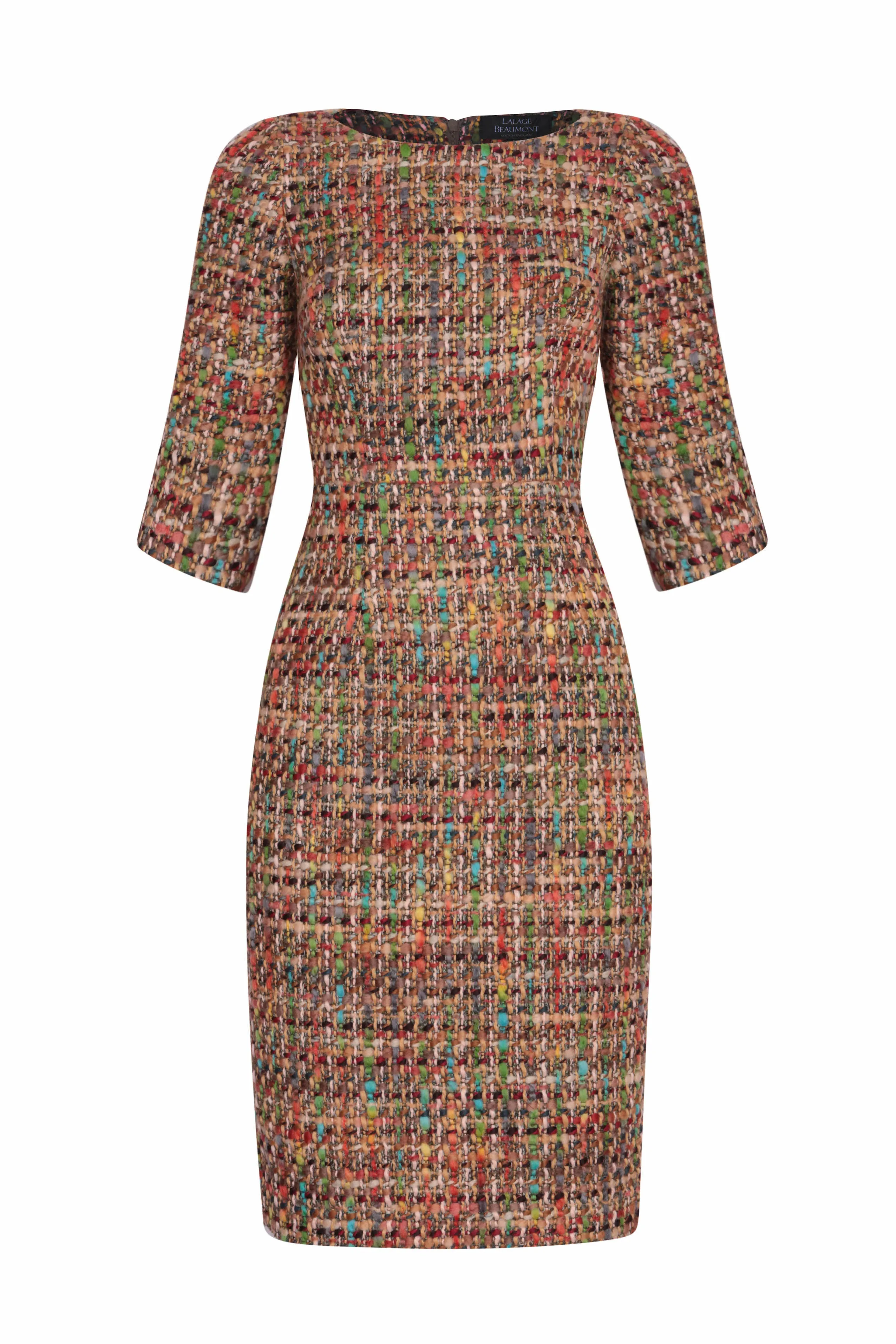 3/4 Sleeve Check Tweed Dress in Browns - Angela