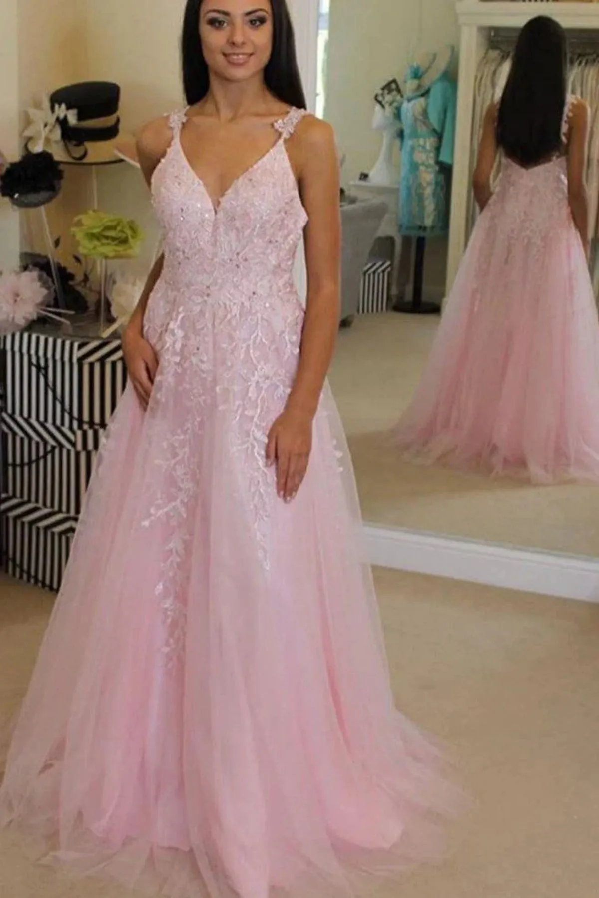 A Line V Neck Open Back Pink/Blue Lace Long Prom Dress, Pink/Blue Lace Formal Graduation Evening Dress A2235