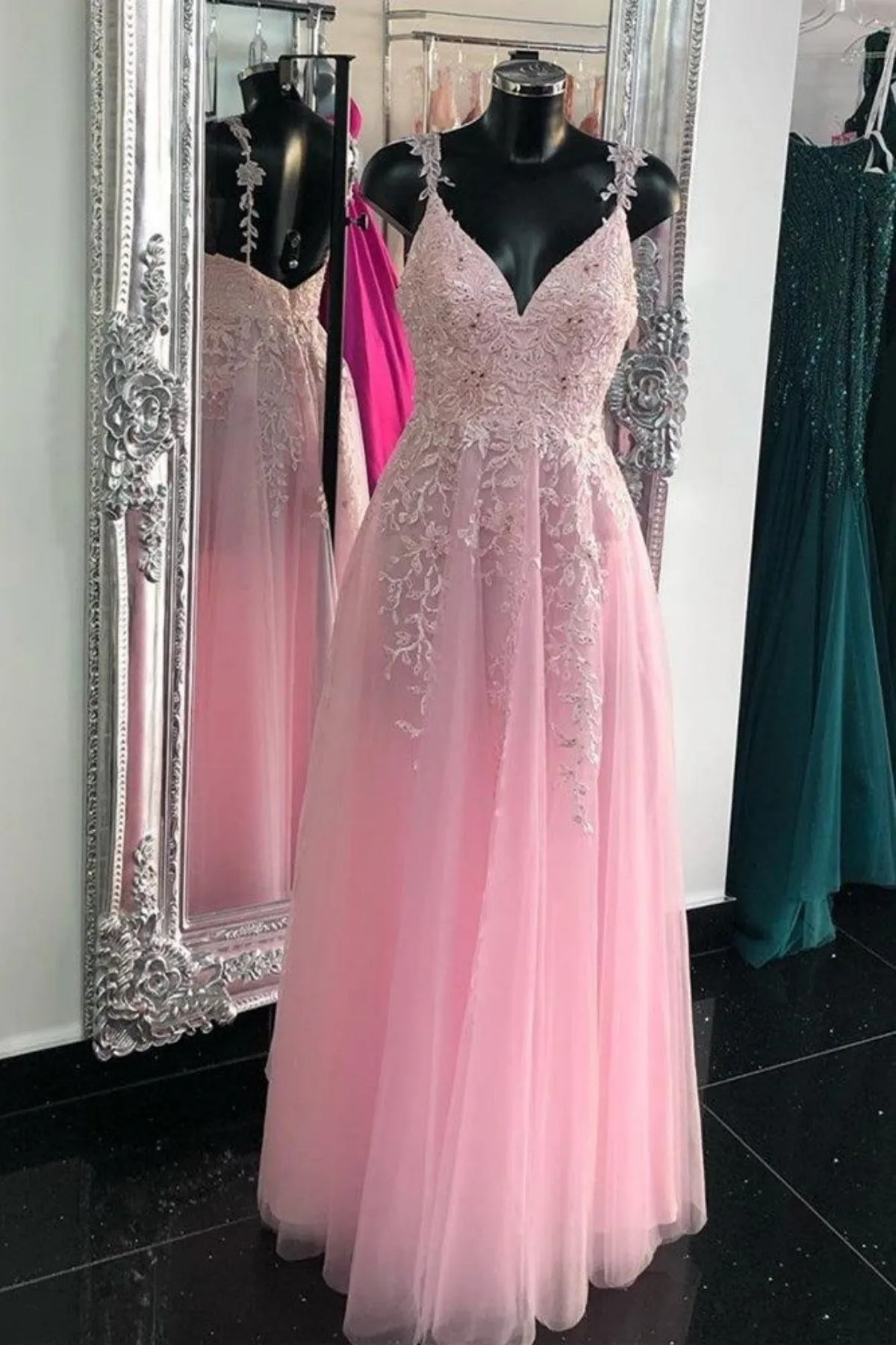 A Line V Neck Open Back Pink/Blue Lace Long Prom Dress, Pink/Blue Lace Formal Graduation Evening Dress A2235