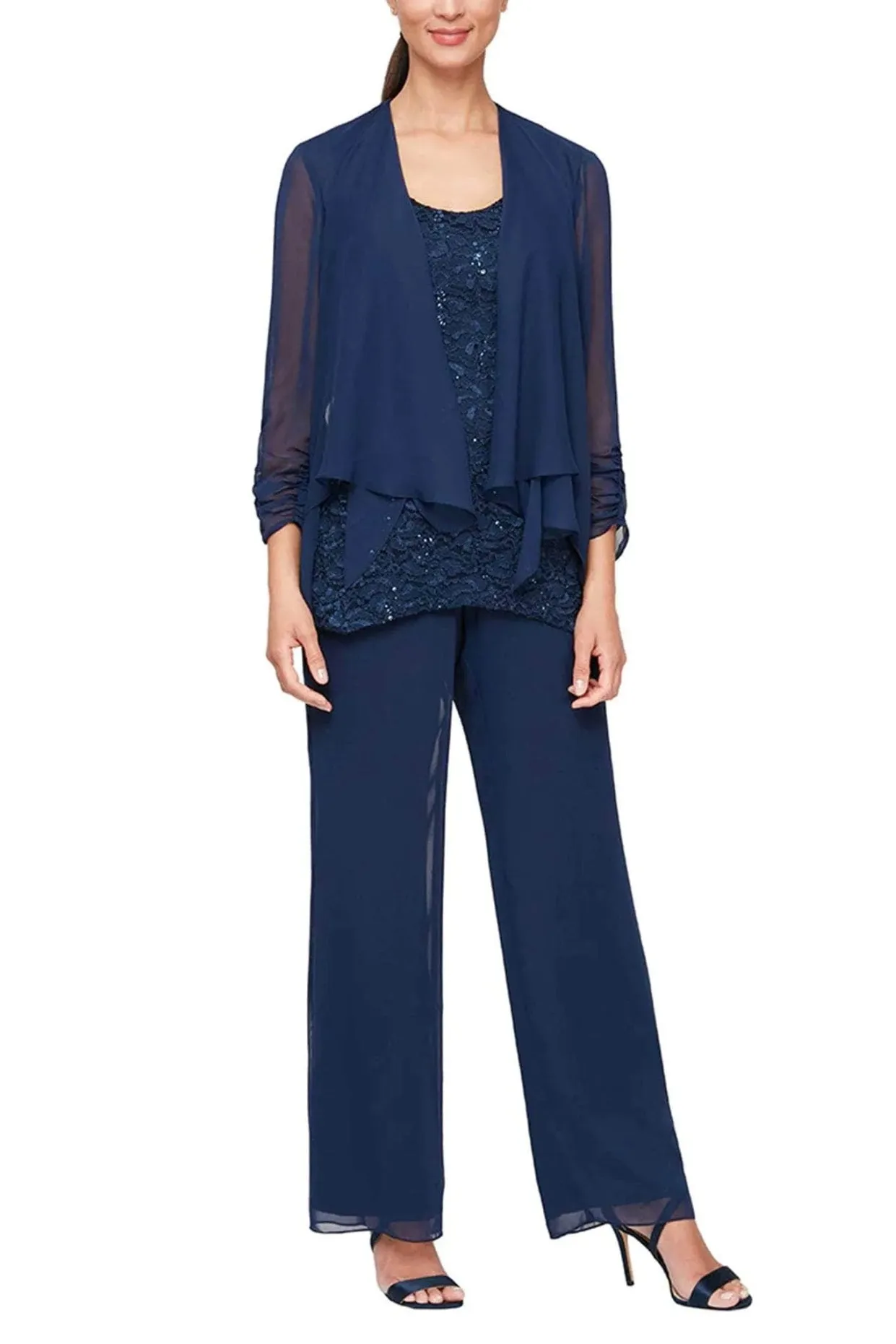 Alex Evenings Chiffon Lace Scoop Neck Straight Leg 3 Piece Pantsuit (Plus Size)