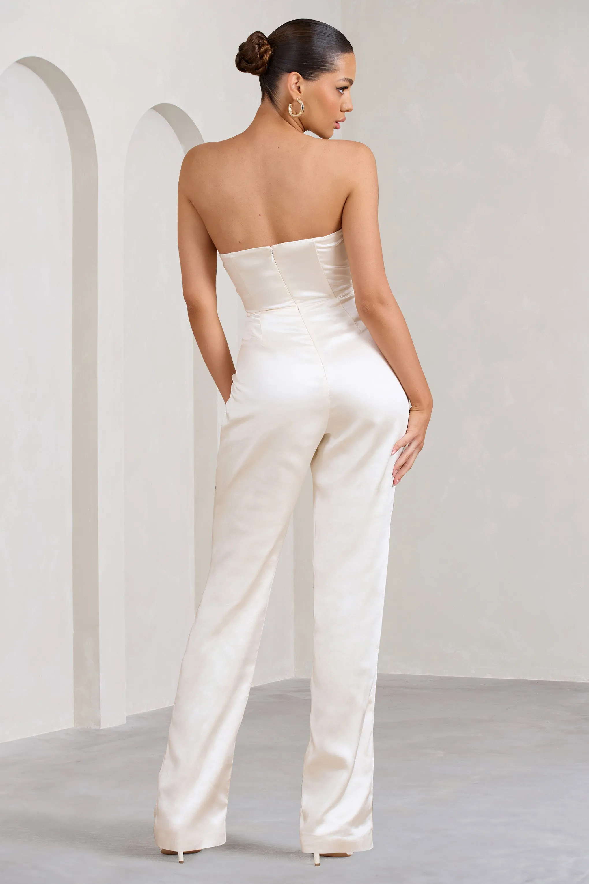 Amiah | Cream Satin Strapless Straight-Leg Jumpsuit