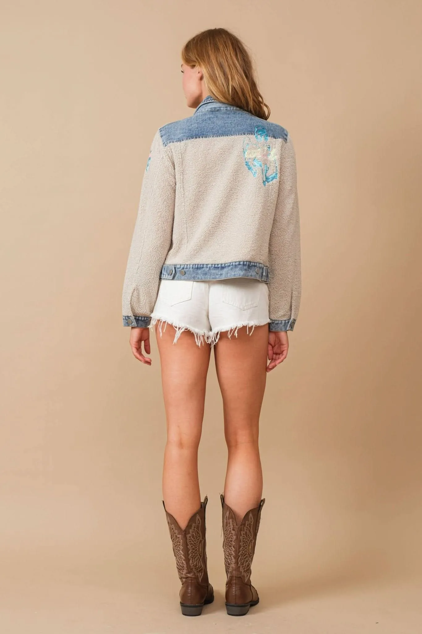 Beige Teddy Denim Contrast Yee Haw Sequin Star Jacket