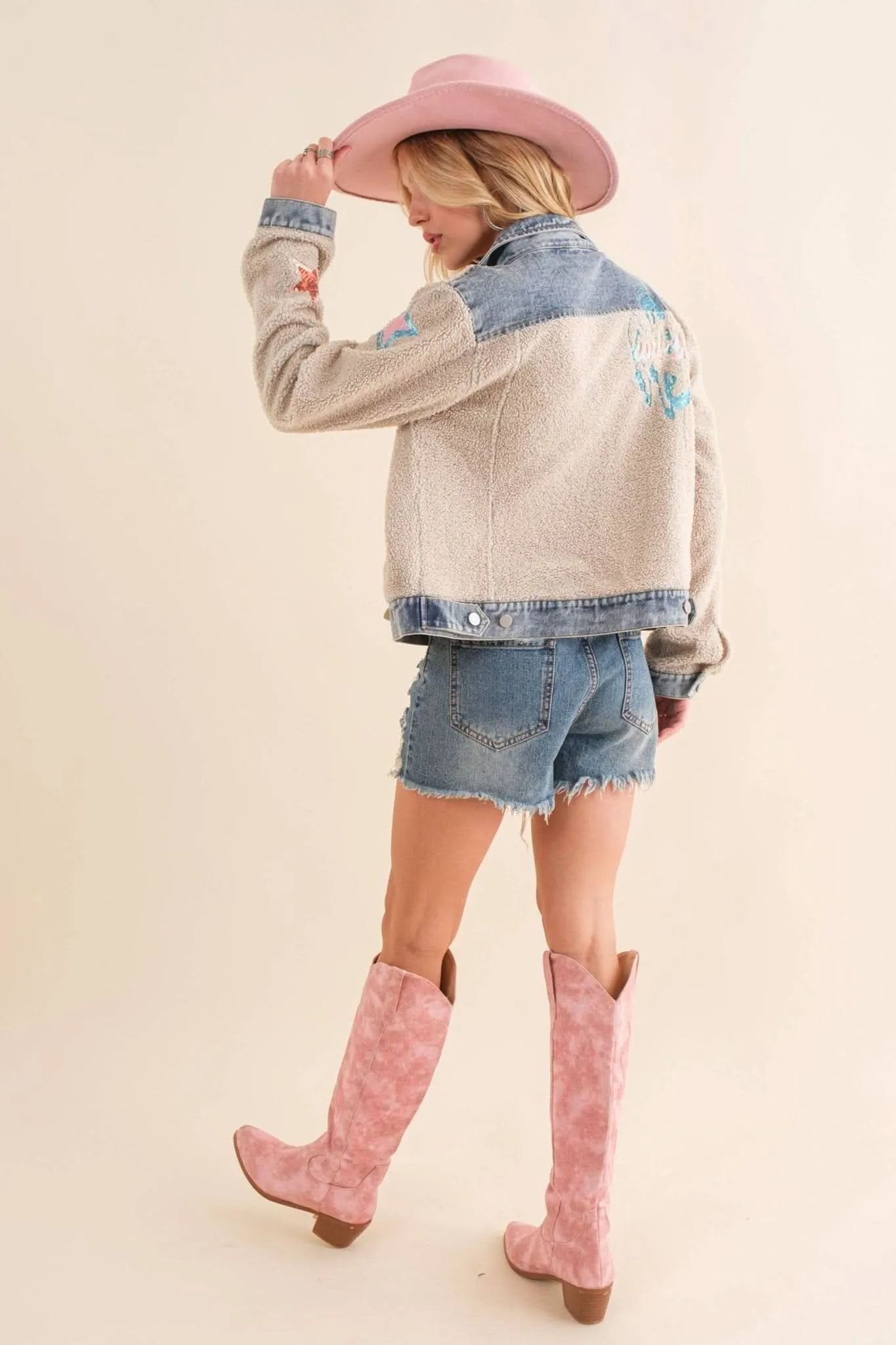 Beige Teddy Denim Contrast Yee Haw Sequin Star Jacket