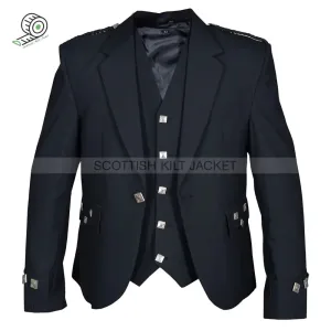 Black Barathea Wool Argyll Jacket with Five Button Vest and Gauntlet-Style Cuffs