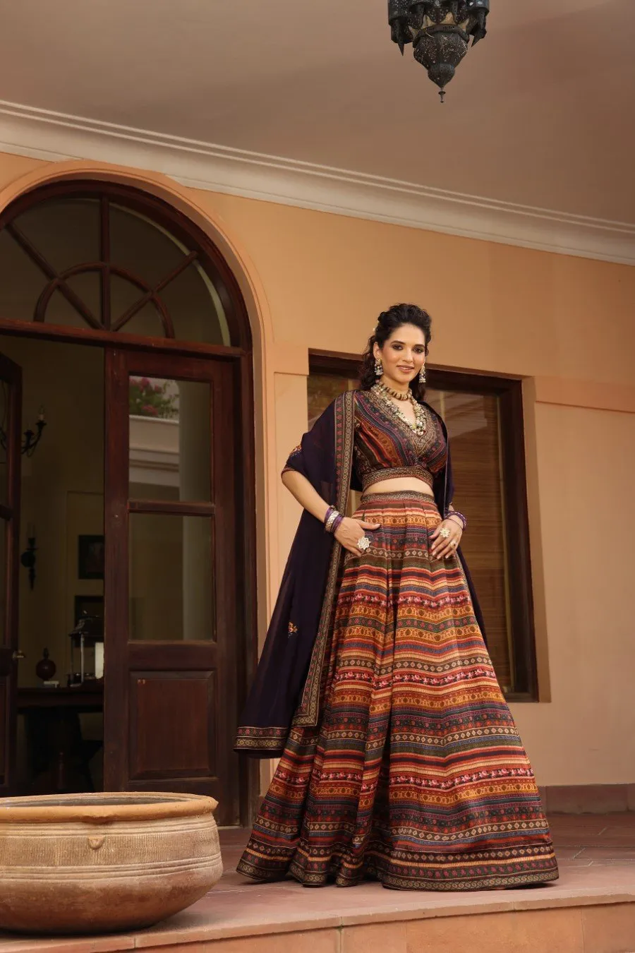 Black Ethnic Mix Printed Raw Silk Lehenga Set