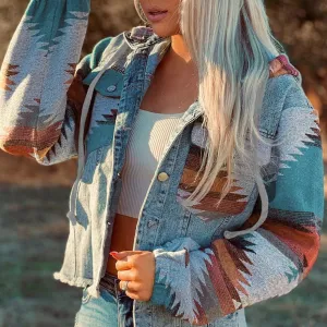 Blue Denim Jacket Long Sleeve Hooded Bohemian Style Jacket