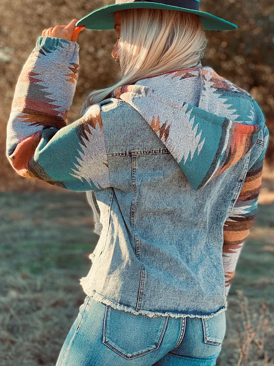 Blue Denim Jacket Long Sleeve Hooded Bohemian Style Jacket