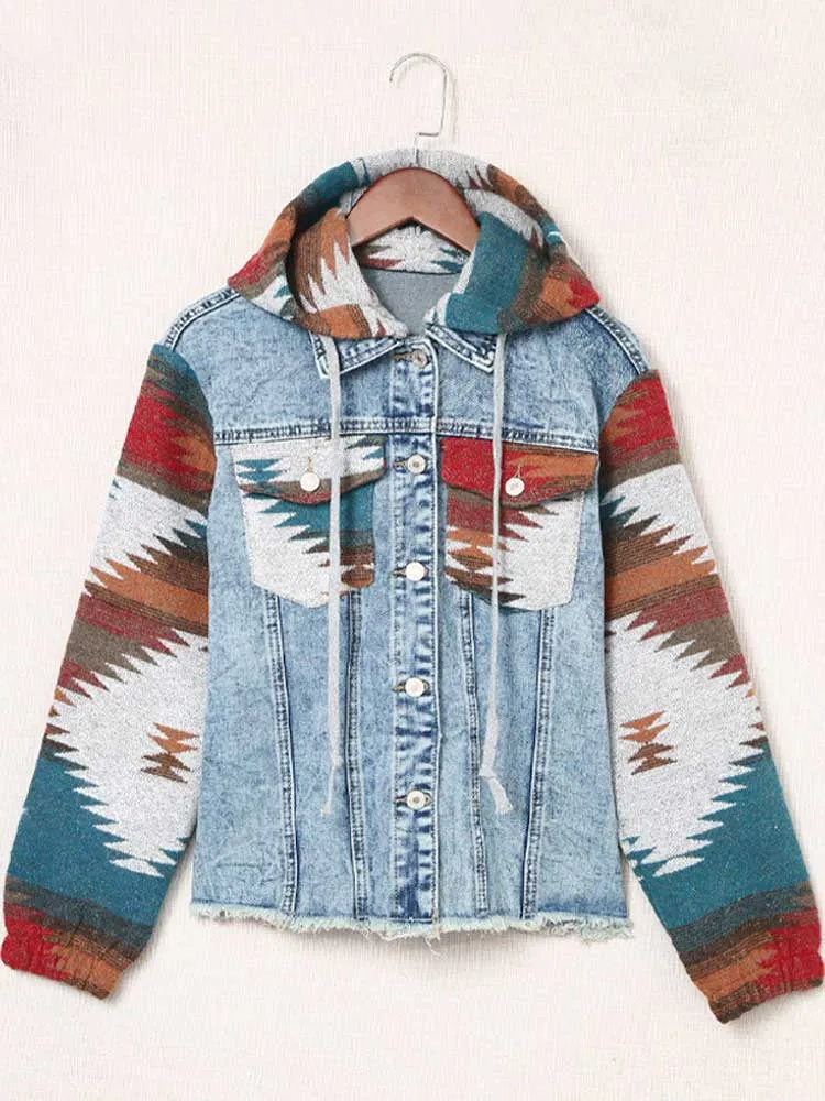 Blue Denim Jacket Long Sleeve Hooded Bohemian Style Jacket