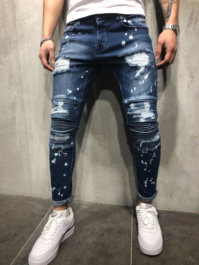 Blue Distressed Paint Detail Skinny Ripped Jeans