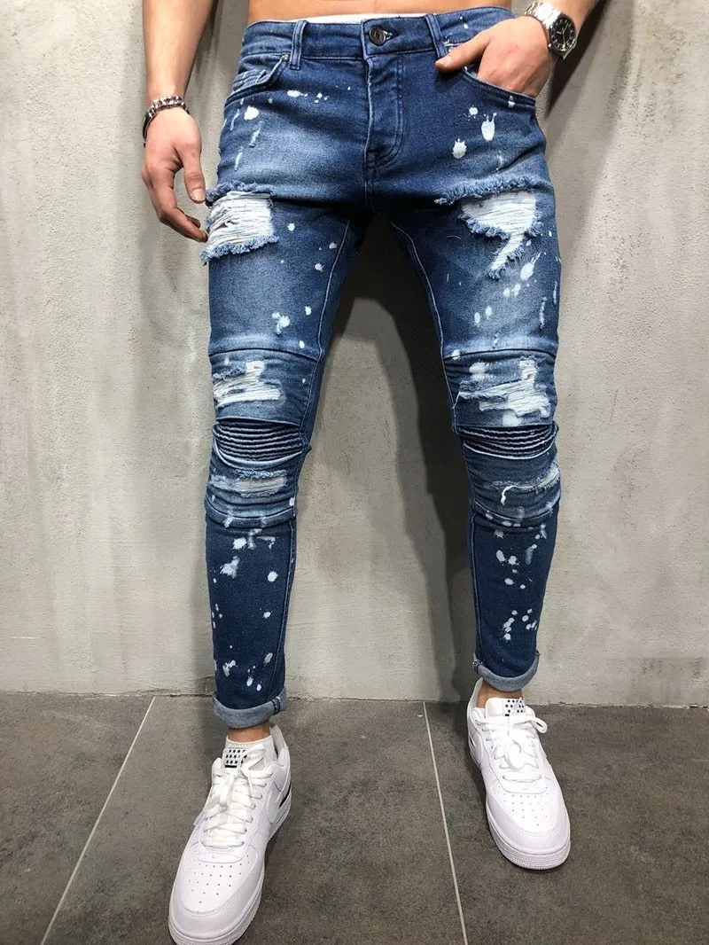 Blue Distressed Paint Detail Skinny Ripped Jeans