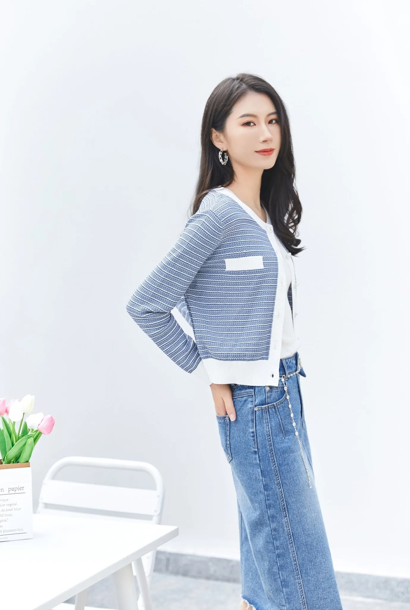 Blue Soft Knit Long Sleeve Stripe Cardigans