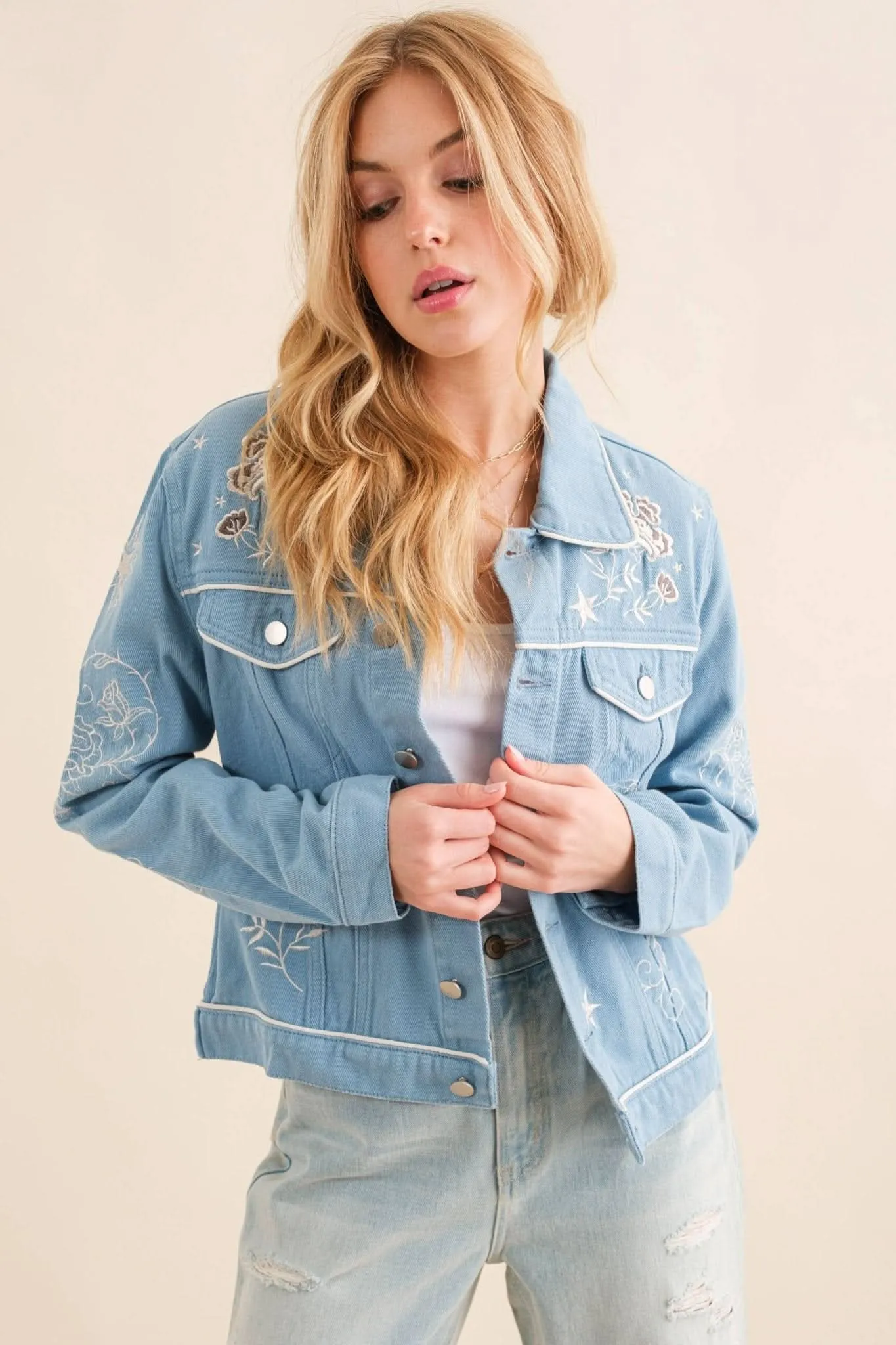 Blue Twill Denim Embroidered Western Button Up Jacket