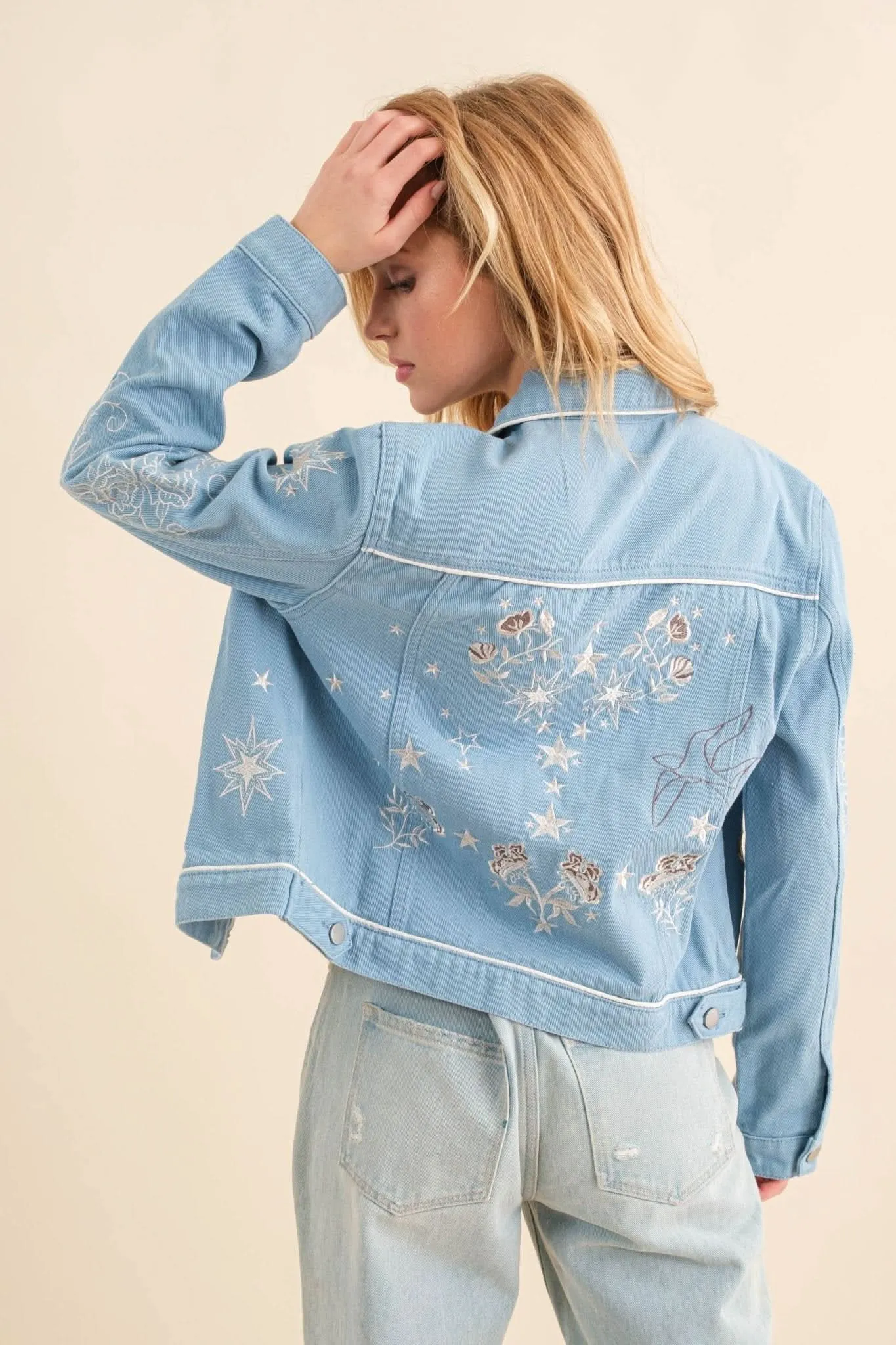 Blue Twill Denim Embroidered Western Button Up Jacket