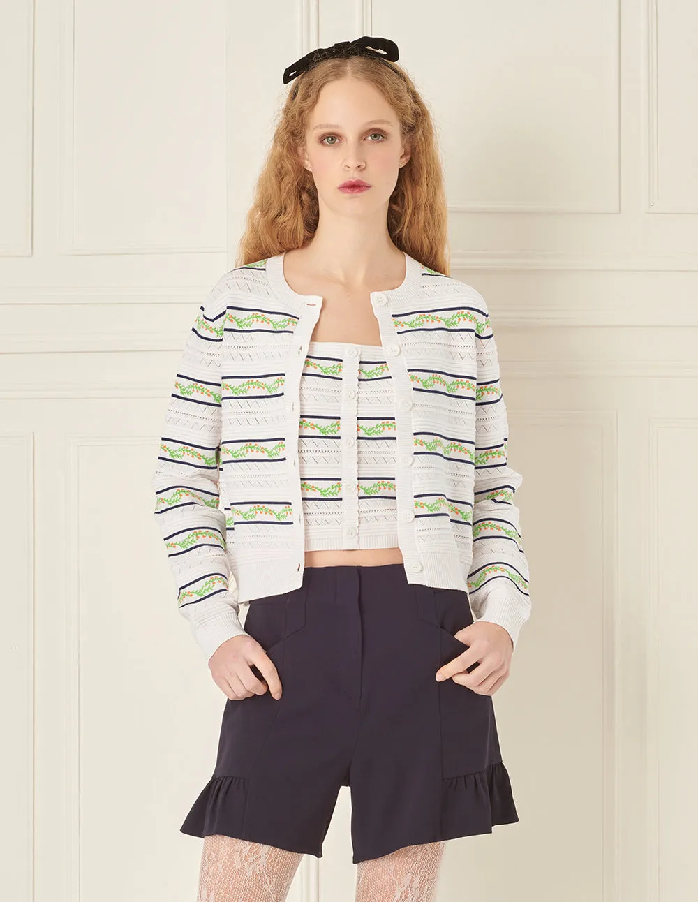 BORA AKSU Jacquard Crew Neck Knitted Cardigan