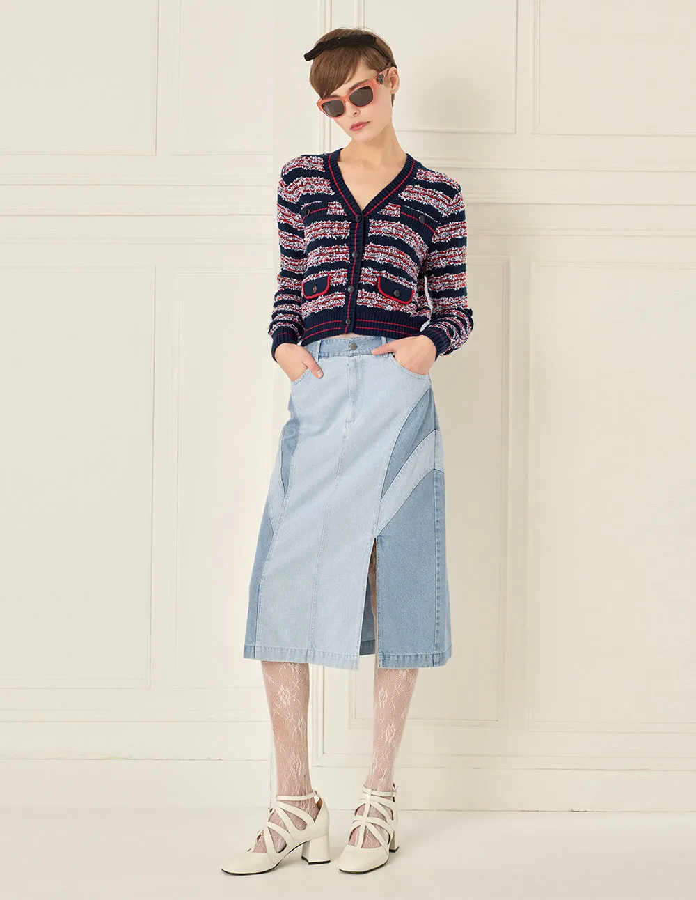 BORA AKSU Red And Blue Striped Knitted Cardigan