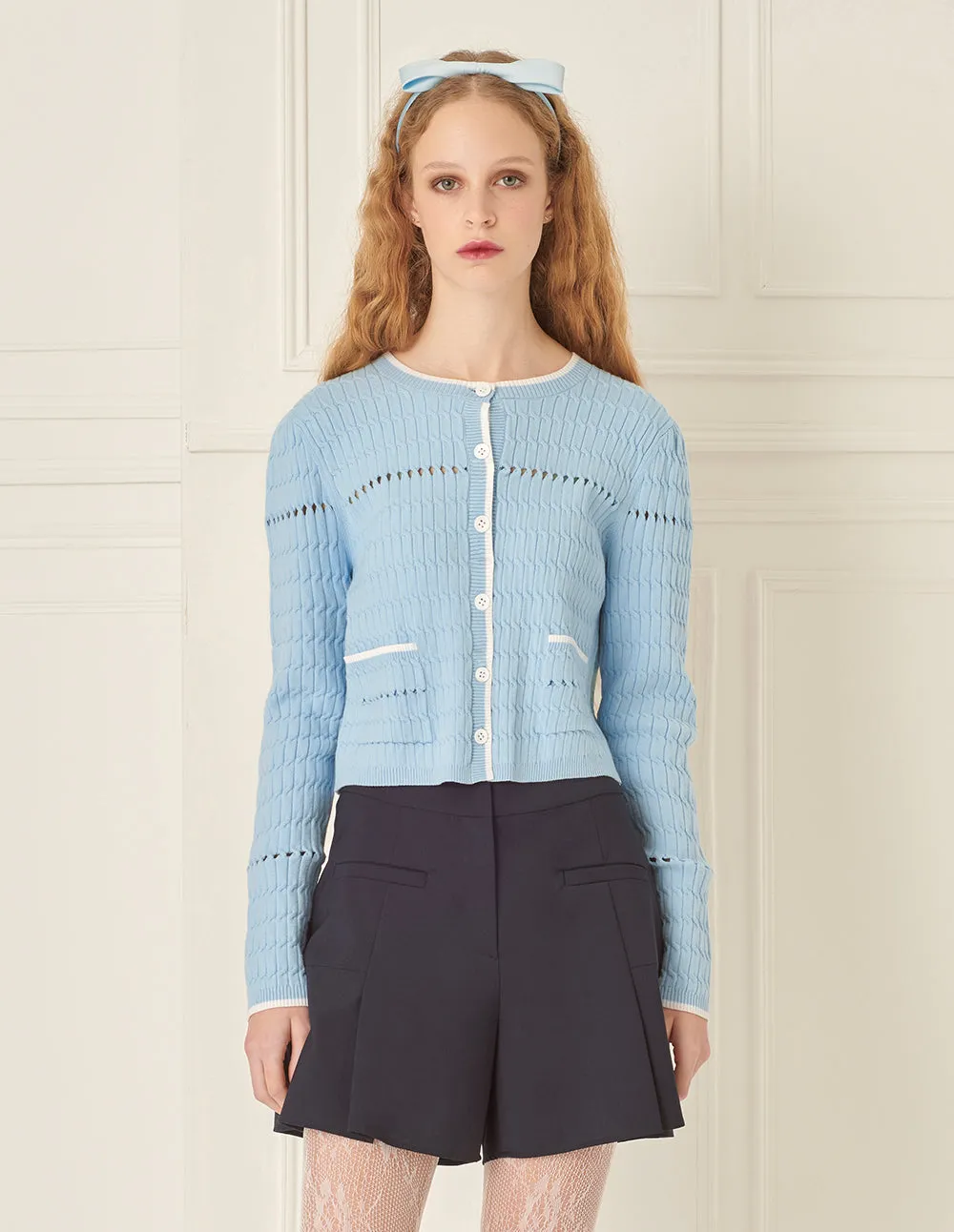 BORA AKSU Simple Round Neck Pick Holes Knitted Cardigan