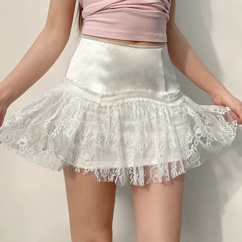 Chic French White Lace Skirt Women Y2K Fashion Spliced A-Line Folds Summer Mini Skirts Double Layer Party Bottoms New