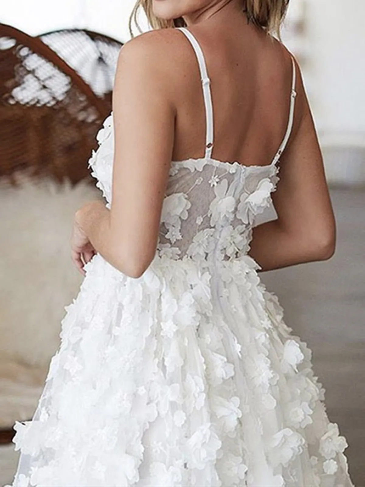 Cute V Neck Open Back White Lace Floral Short Prom, Backless White Lace Floral Homecoming, White Lace Formal Evening