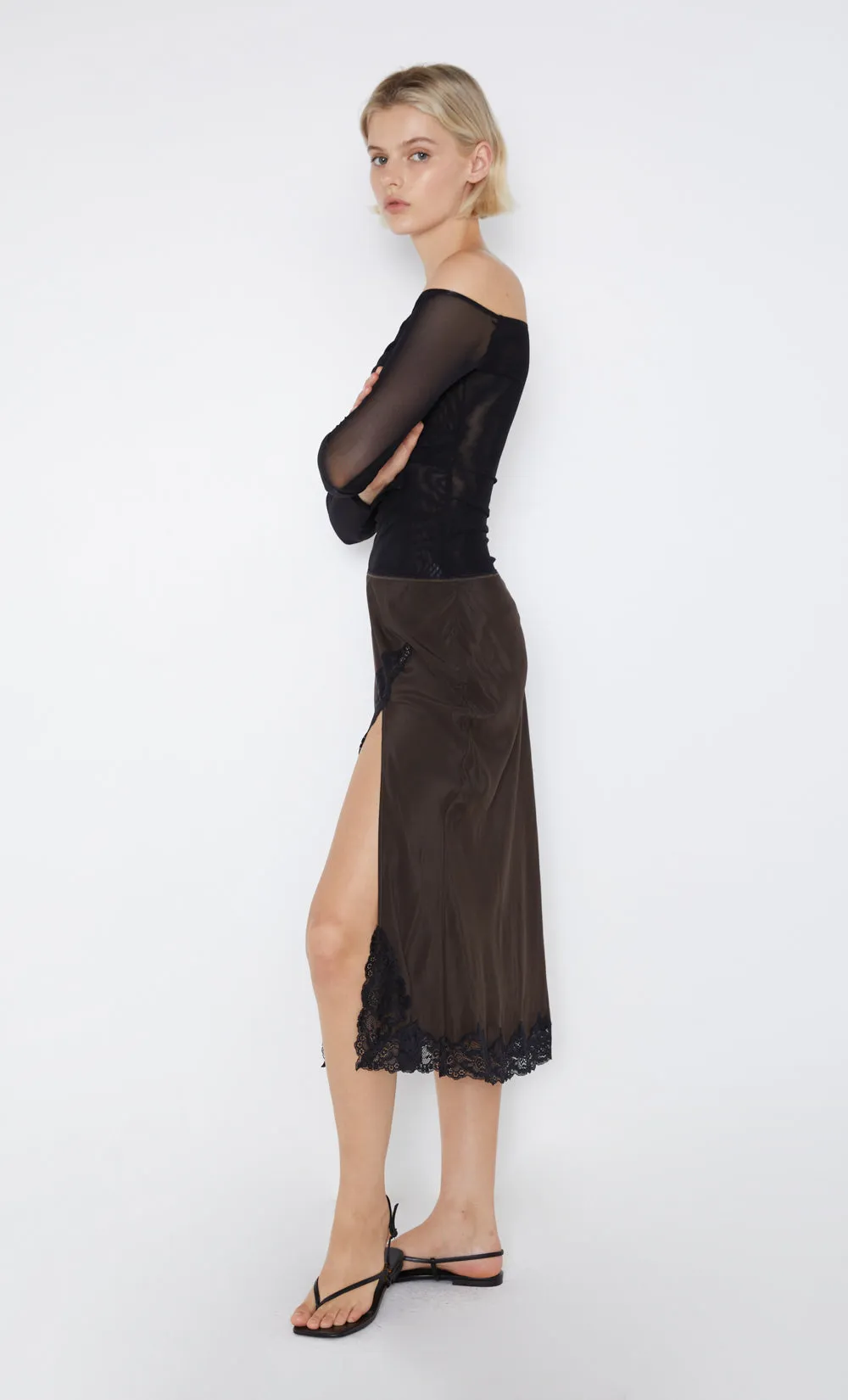 DEJA VOUS SLIP SKIRT - CHOC/BLACK