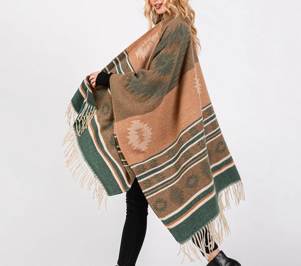 Earthy Embrace Western Print Poncho