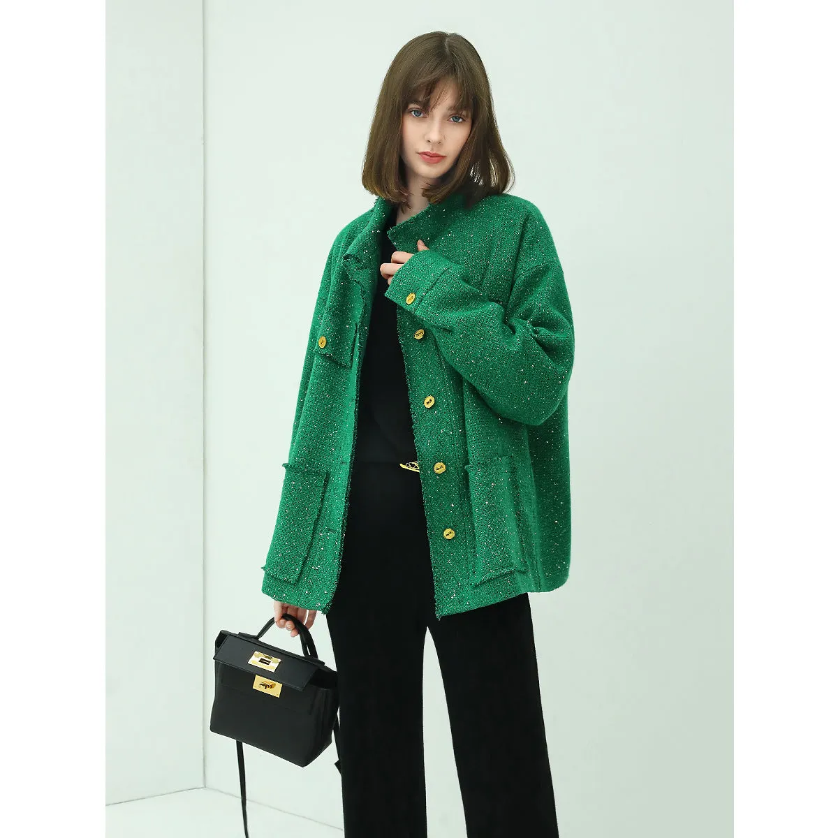 Emerald Green Single Breasted Tweed Coat with Gold Buttons