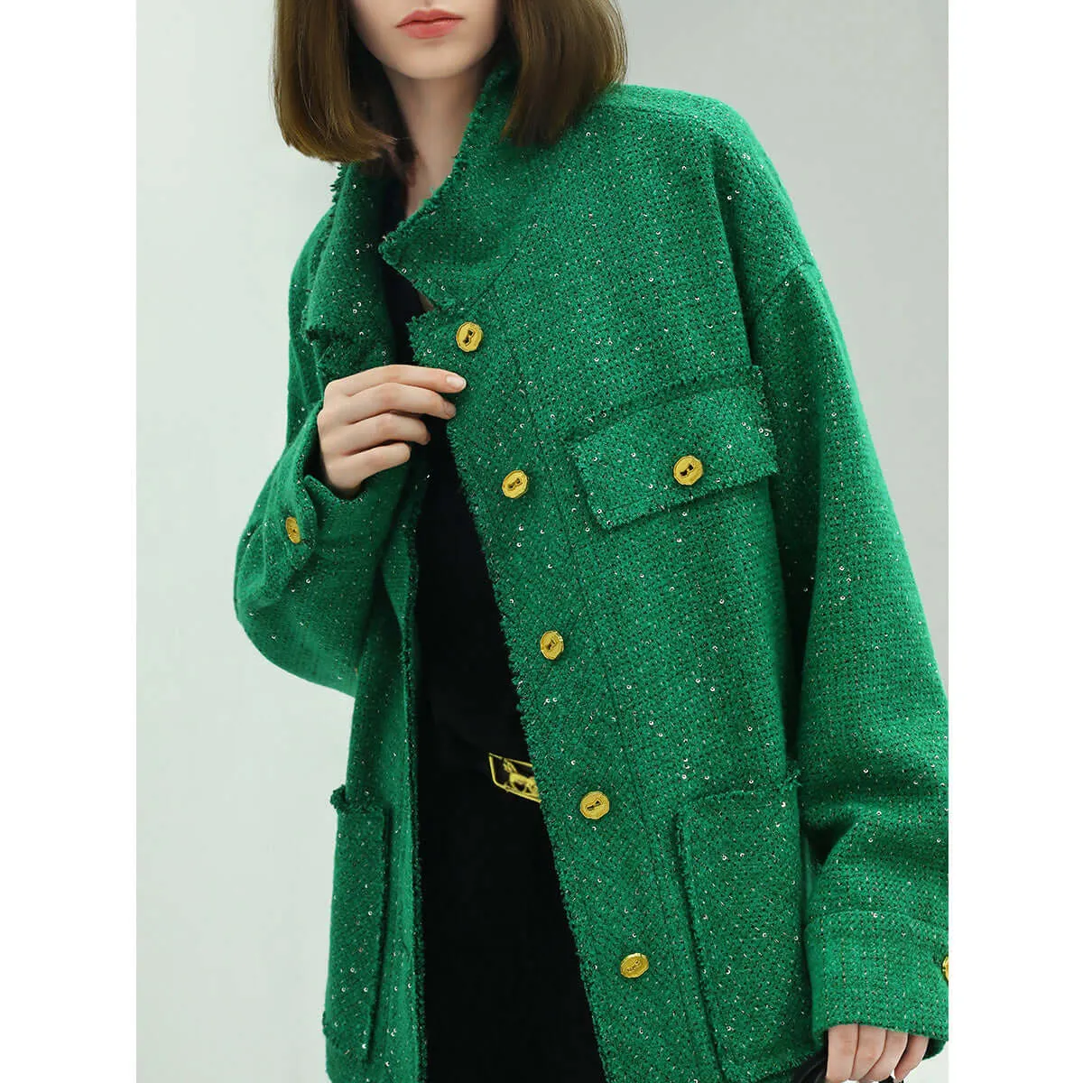 Emerald Green Single Breasted Tweed Coat with Gold Buttons