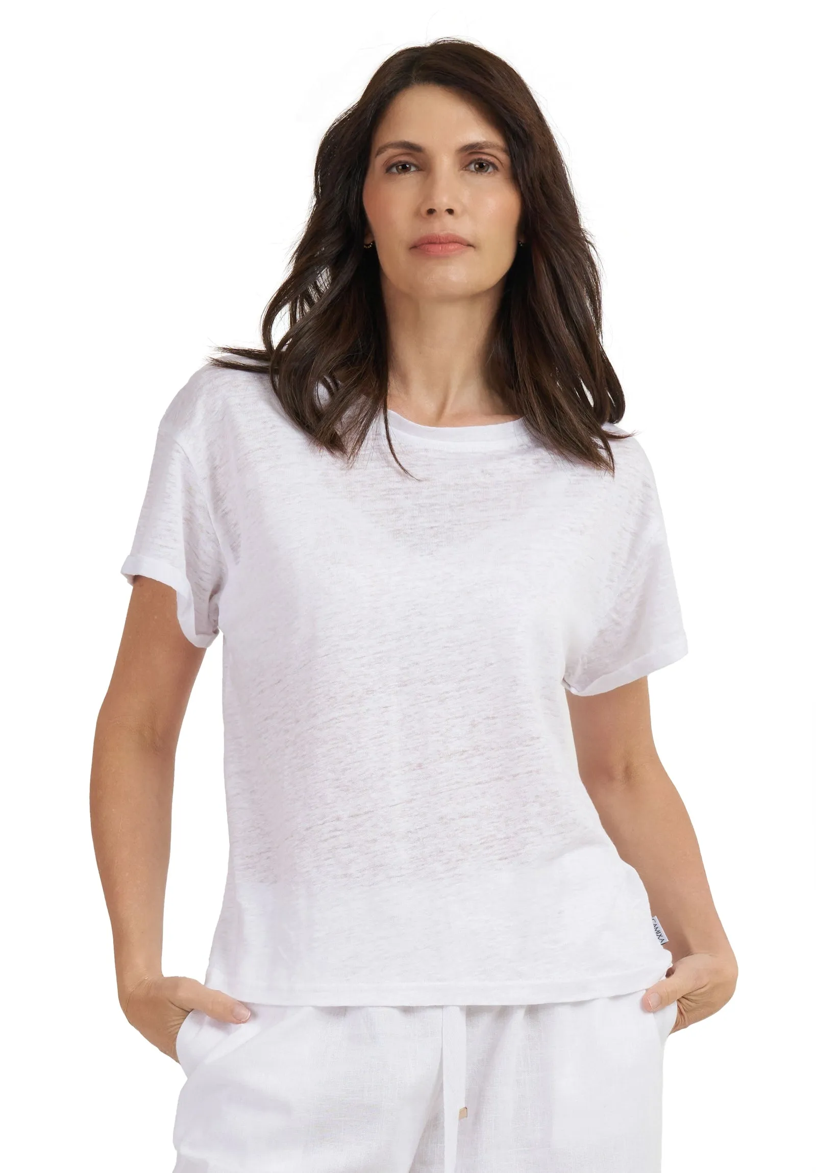 Francy-Linen White Rolled Sleeve T-Shirt