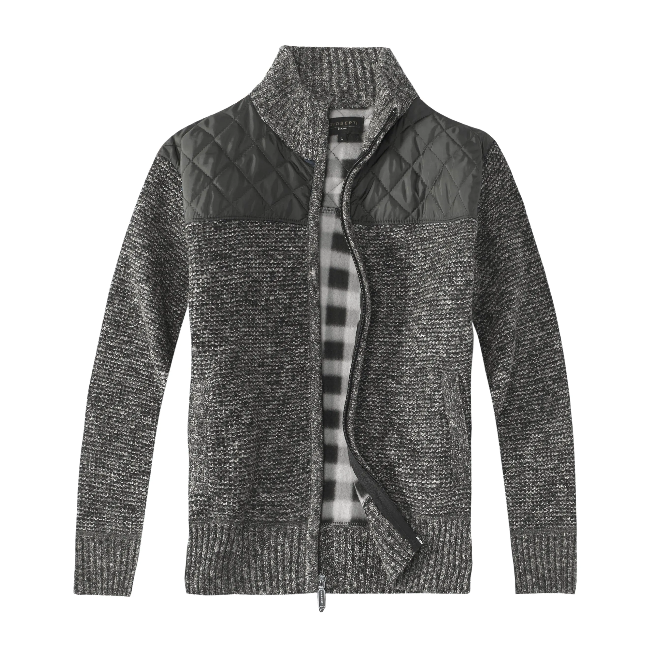 Gioberti Men's Marled Charcoal Knitted Regular Fit Full Zip Cardigan Sweater with Soft Brushed Flannel Lining