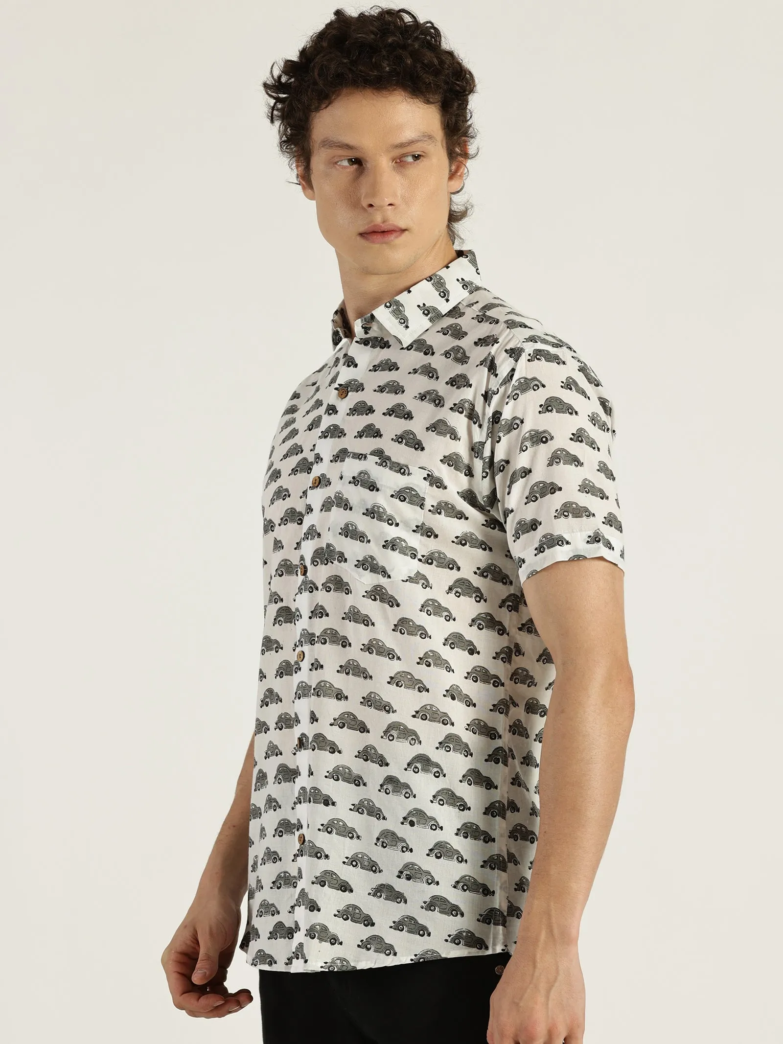 Grey Car Block Printed Halfsleeves Cotton Shirt