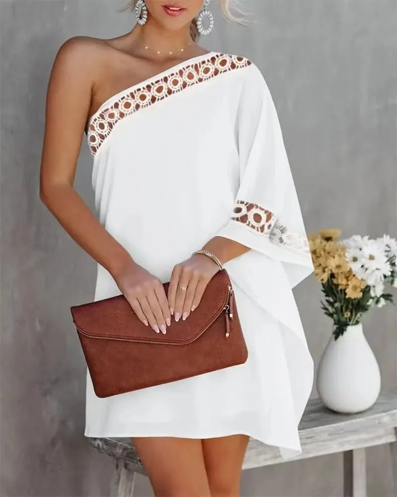 Half Off-shoulder Lace Trim Solid Color Dress