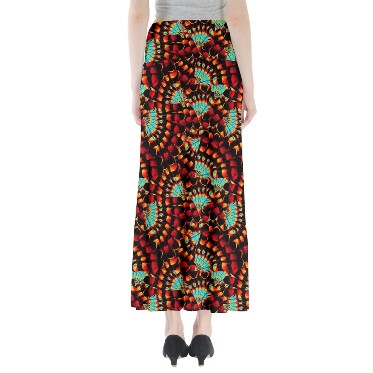 Hawk Feathers Fire and Turquoise Full Length Maxi Skirt