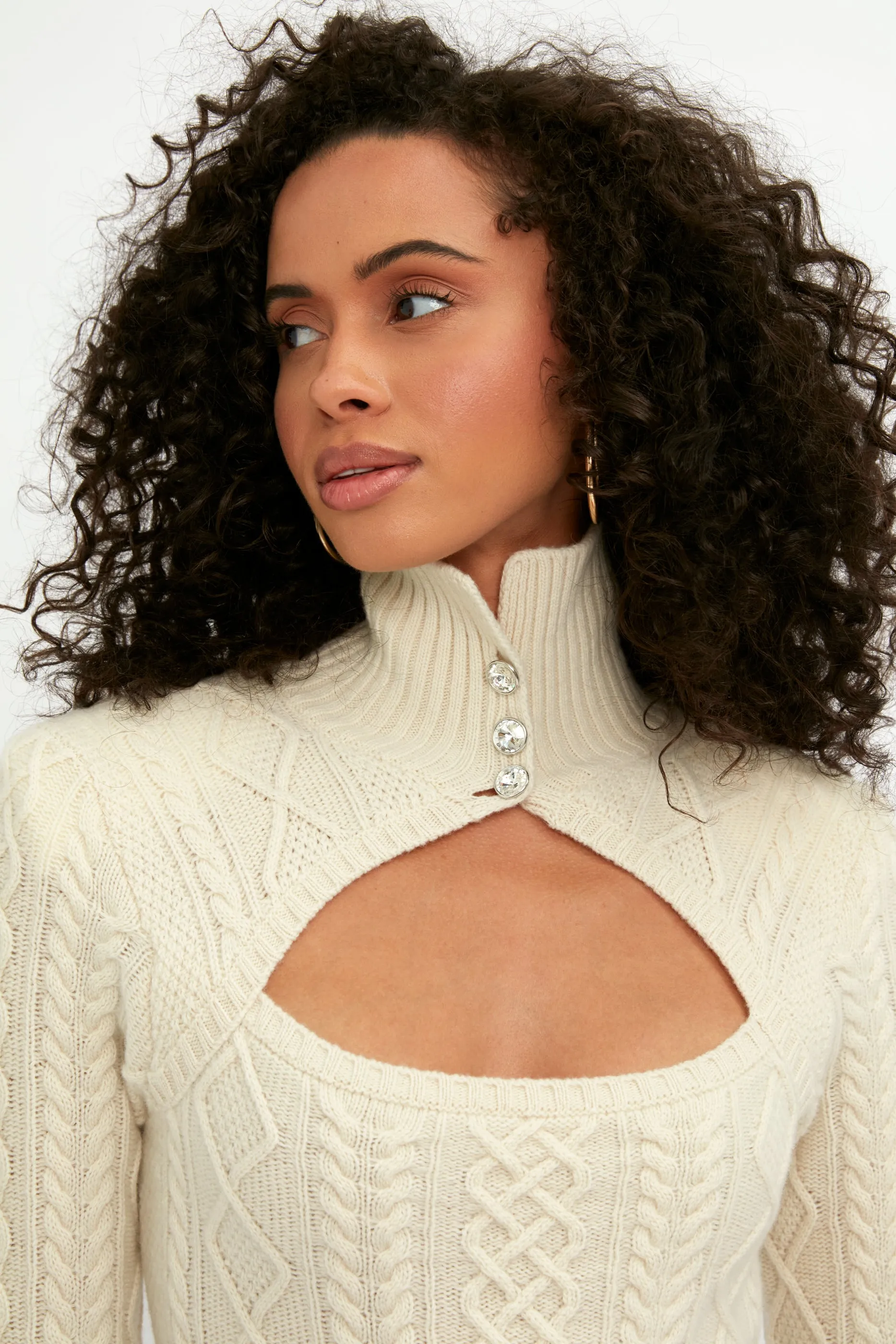 High Collar Cable Knit Mini Dress in Ivory