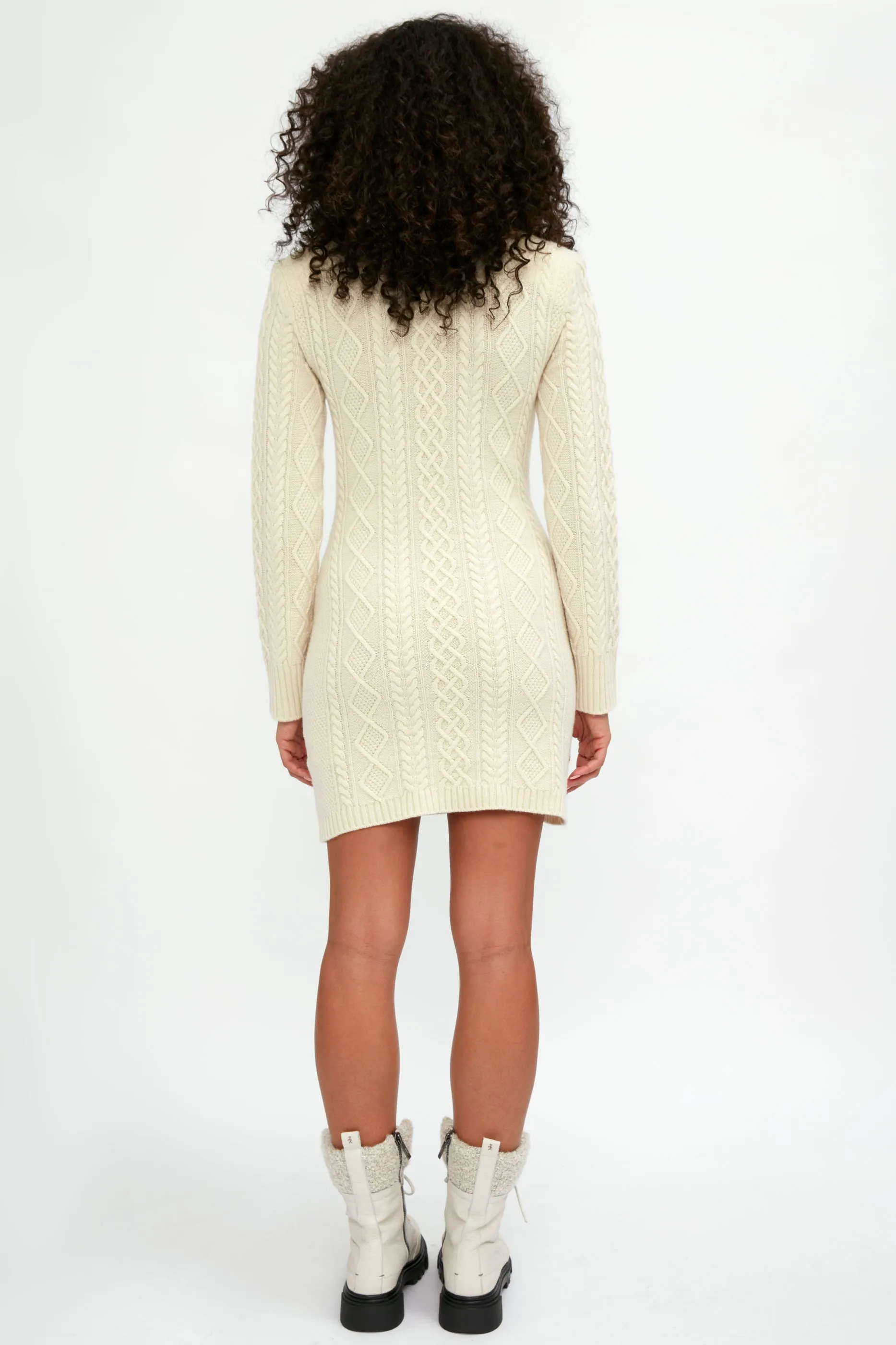 High Collar Cable Knit Mini Dress in Ivory