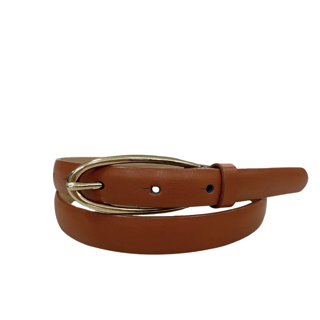 INGRID - Women's Brown Genuine Leather Skinny Belt with Oval Gold Buckle