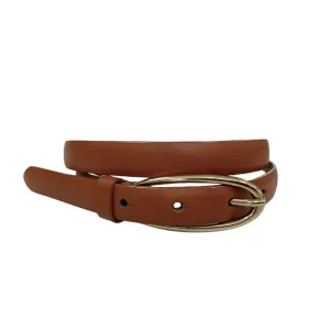 INGRID - Women's Brown Genuine Leather Skinny Belt with Oval Gold Buckle