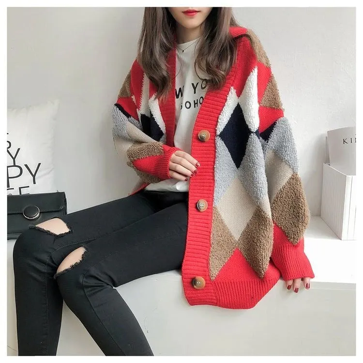 KittenAlarm - Diamond Plaid Pattern Loose Knitted Cardigan Sweater