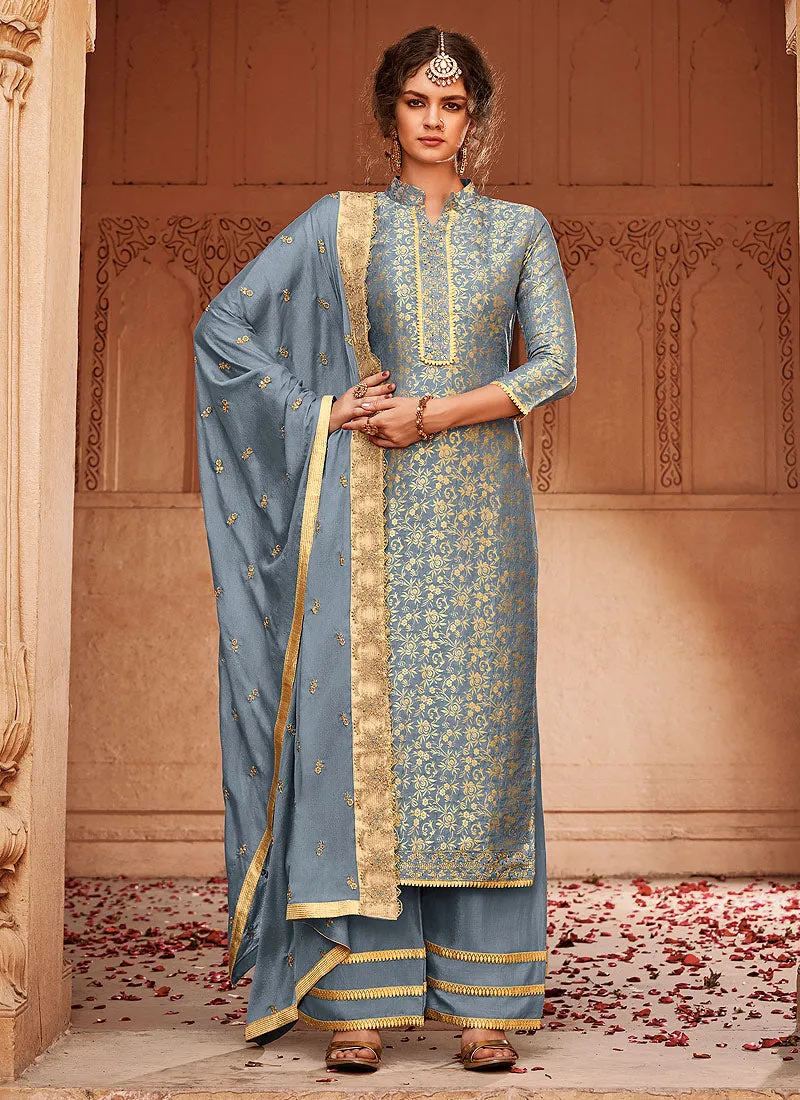 Light Blue Golden Embroidered Palazzo Pant Suit