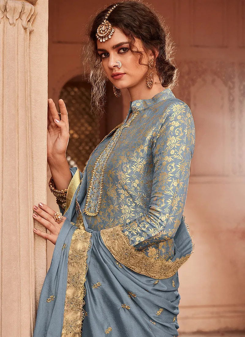 Light Blue Golden Embroidered Palazzo Pant Suit