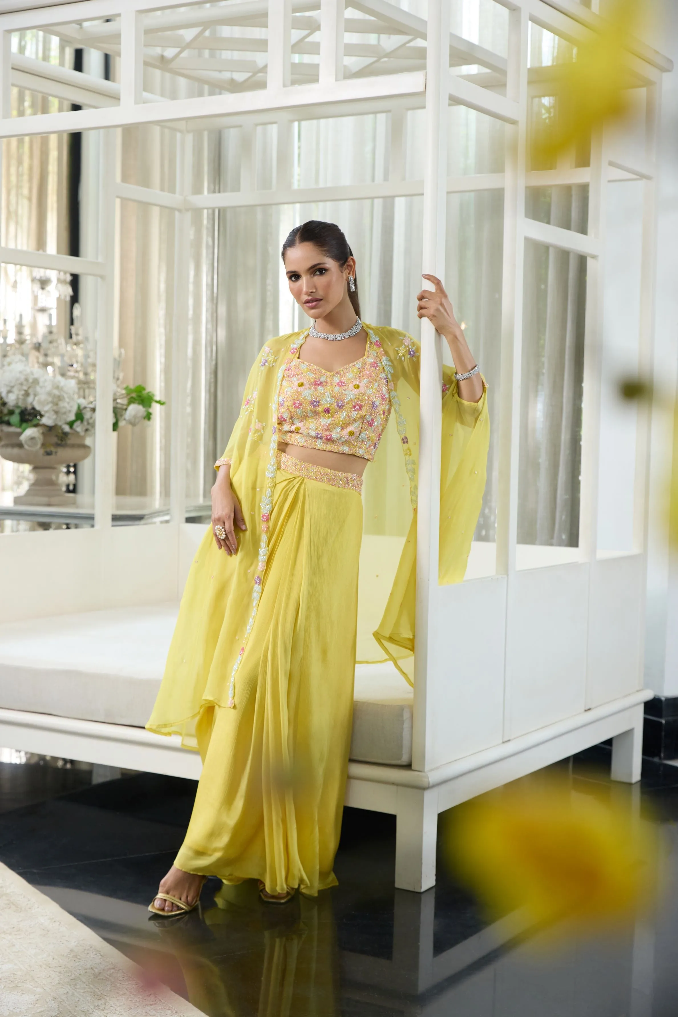 Light Yellow Embroidered Organza Silk Cape Set