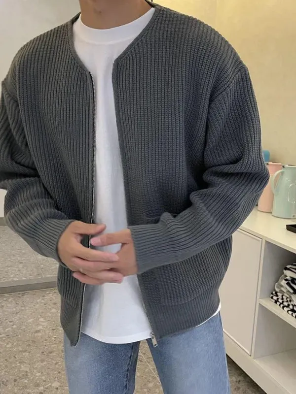 Men's solid color loose casual lazy style knitted sweater cardigan