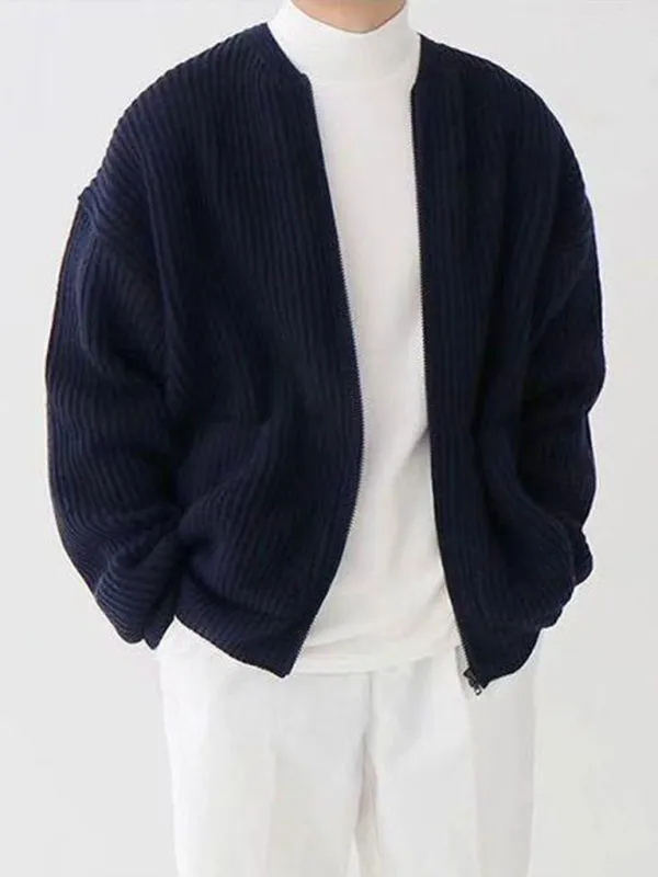 Men's solid color loose casual lazy style knitted sweater cardigan