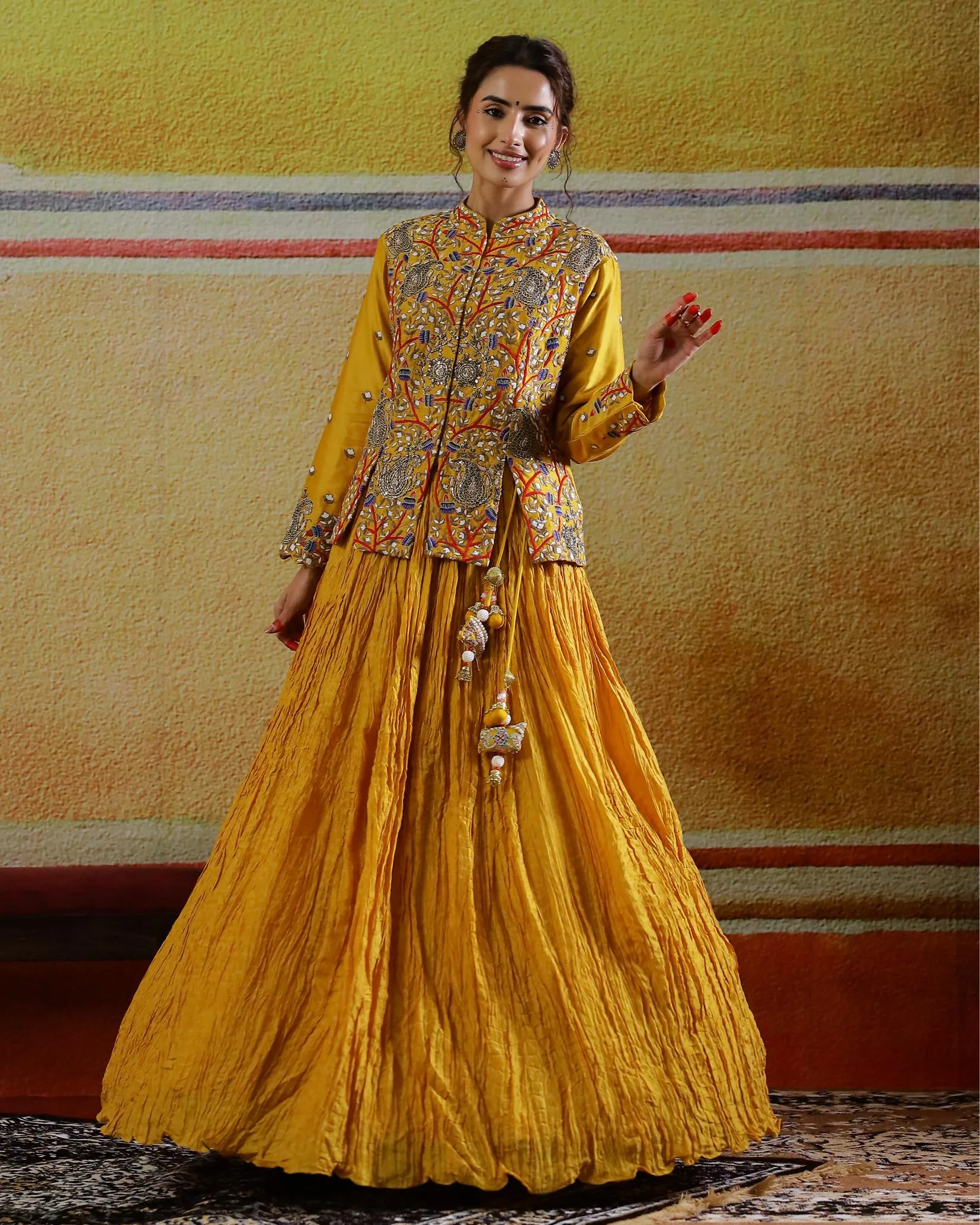 Mustard Embroidered Raw Silk Skirt with Jacket