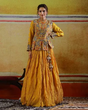 Mustard Embroidered Raw Silk Skirt with Jacket