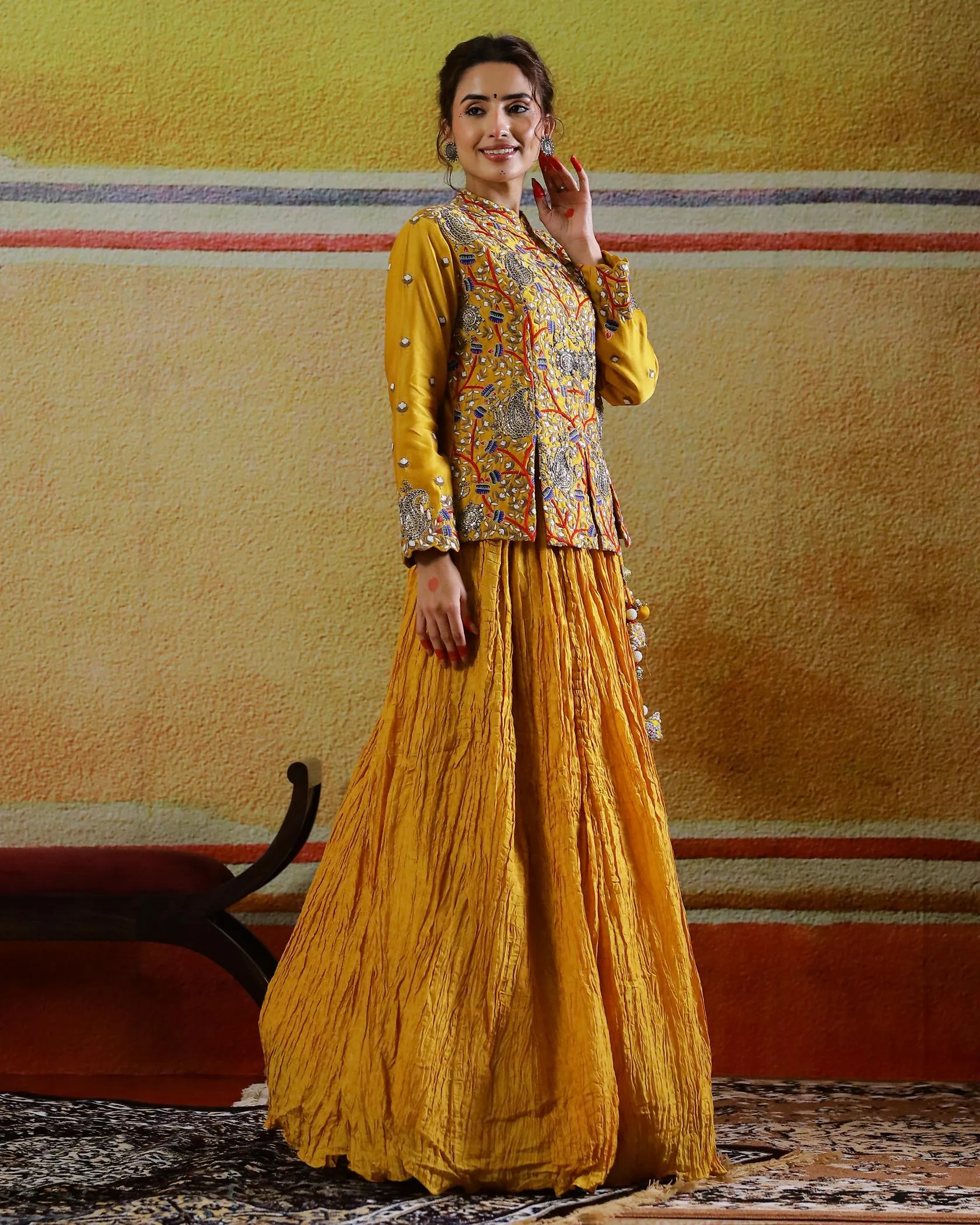 Mustard Embroidered Raw Silk Skirt with Jacket