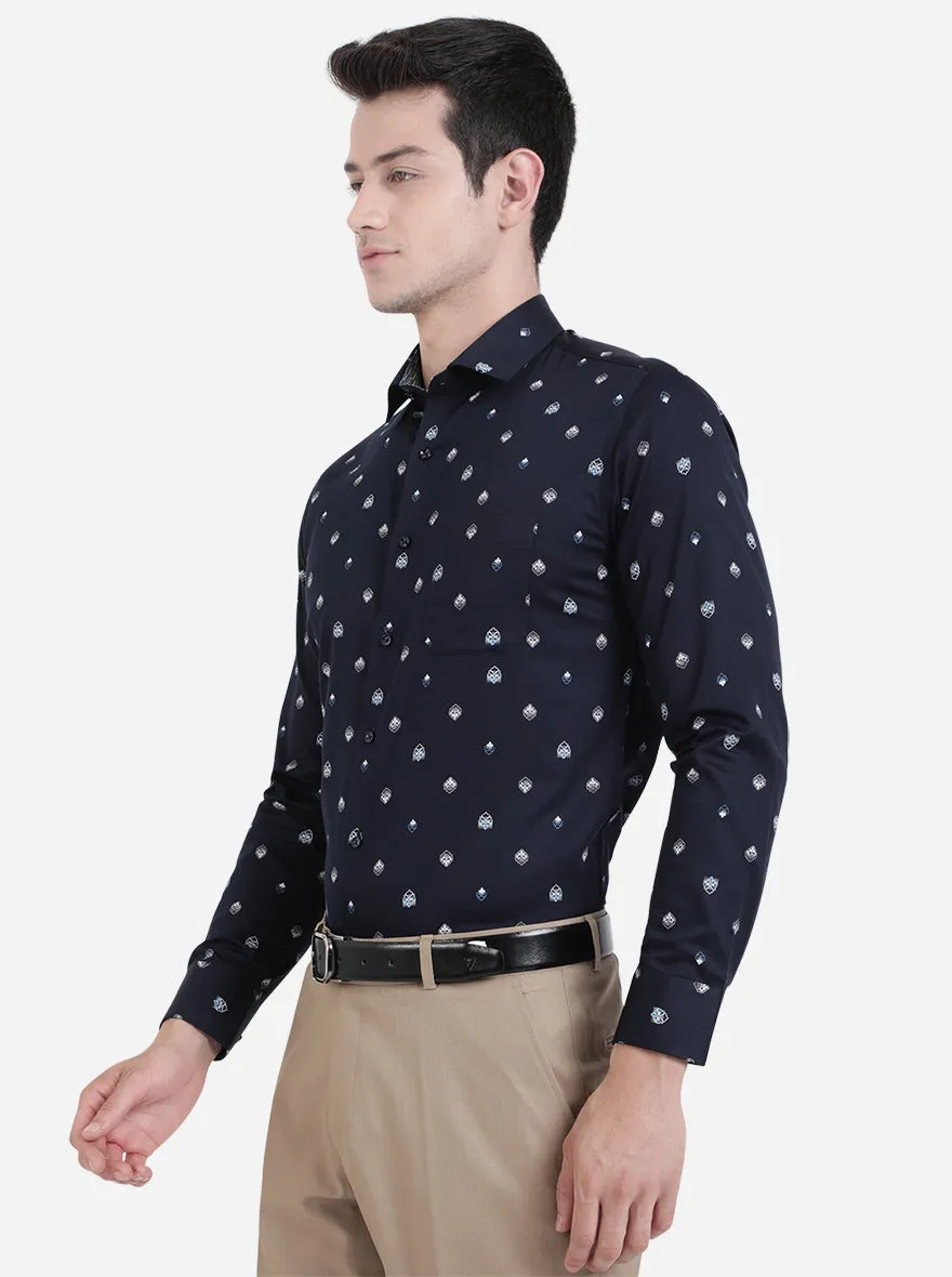 Navy Blue & White Printed Slim Fit Party Wear Shirt | Greenfibre