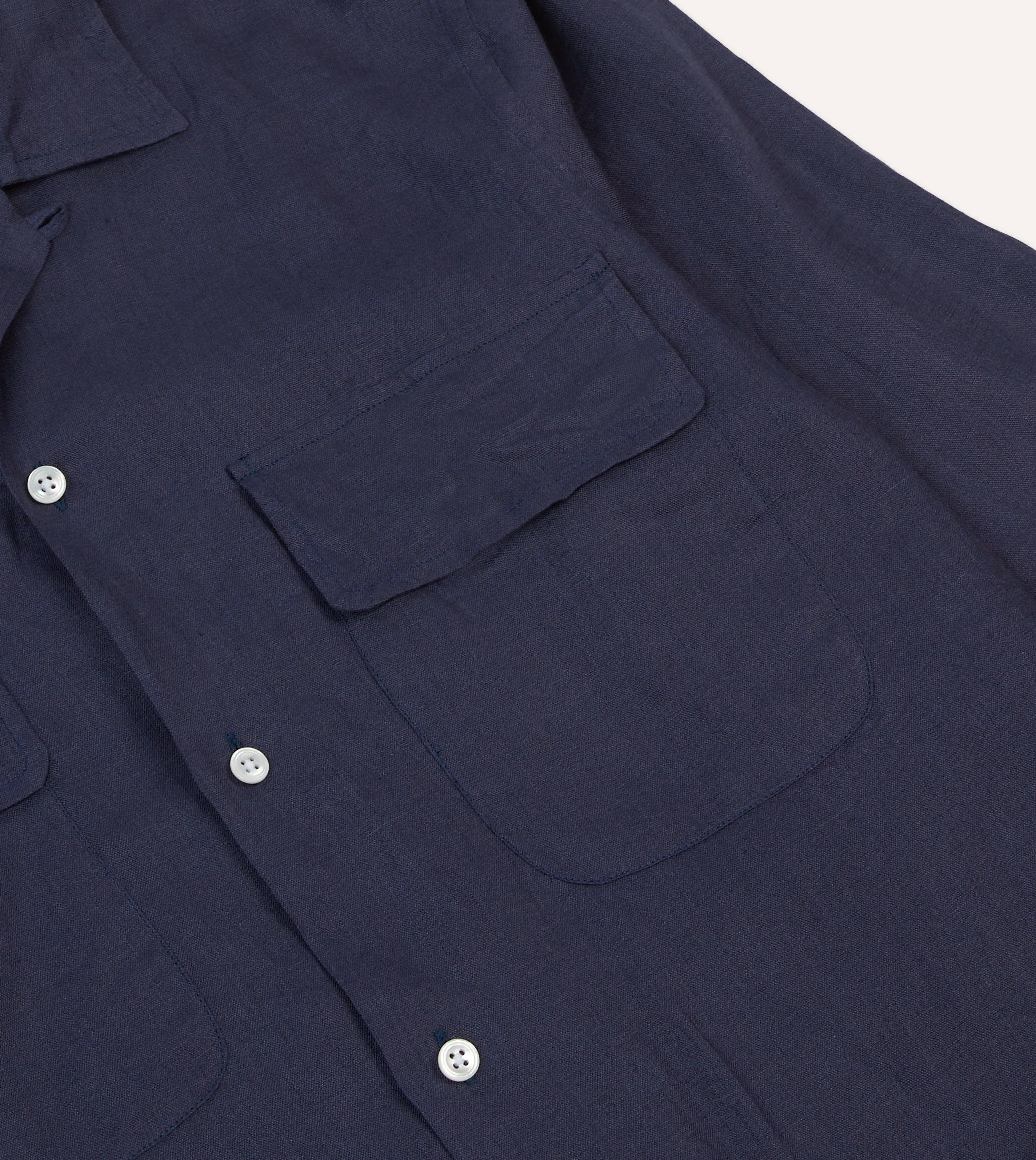 Navy Linen Camp Collar Long Sleeve Shirt