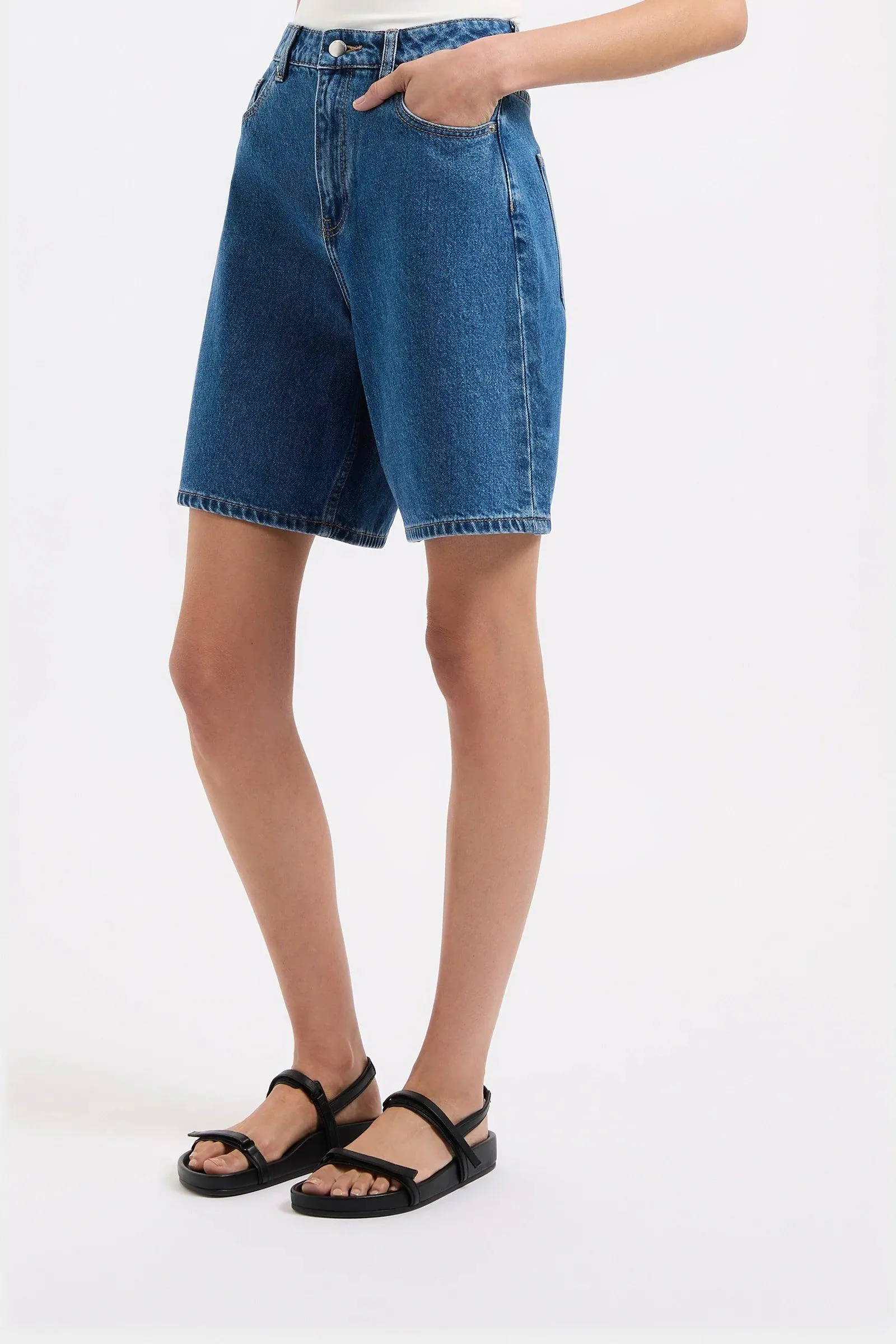 Nude Lucy Organic Longline Denim Short in Vintage Blue