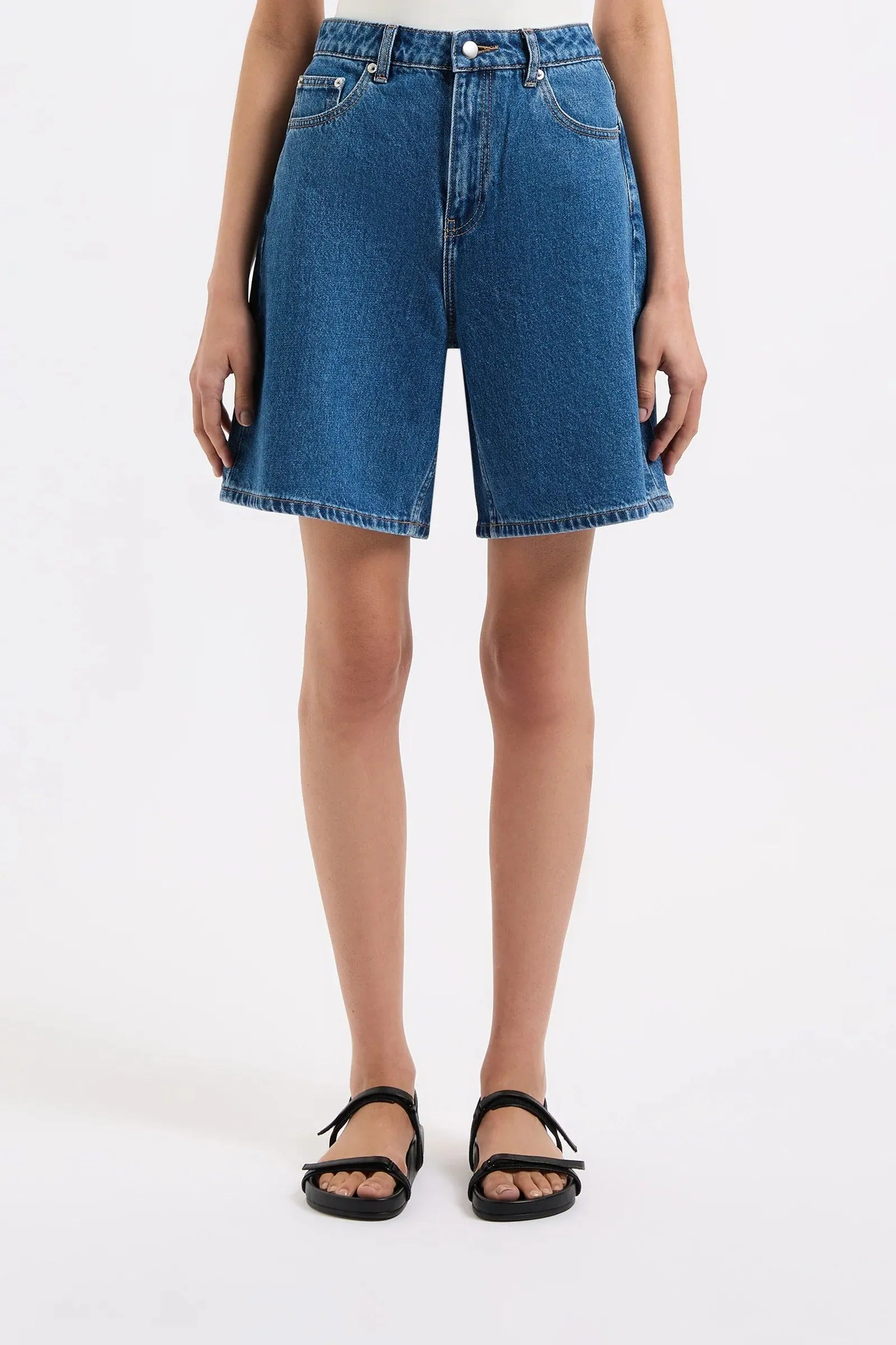 Nude Lucy Organic Longline Denim Short in Vintage Blue