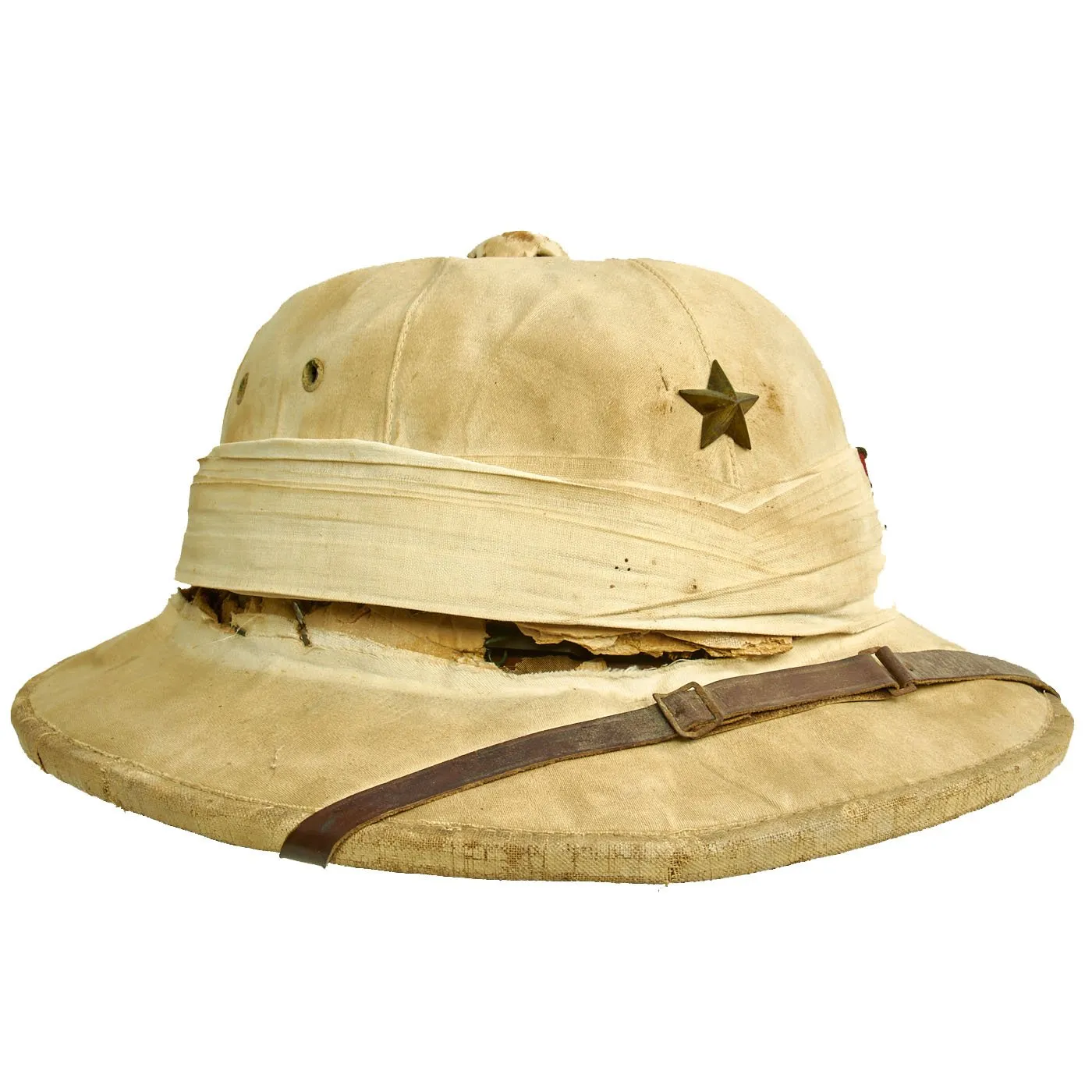 Original Chinese Made Imperial Japanese Army Damaged White Sun Pith Helmet with Lieutenant Insignia