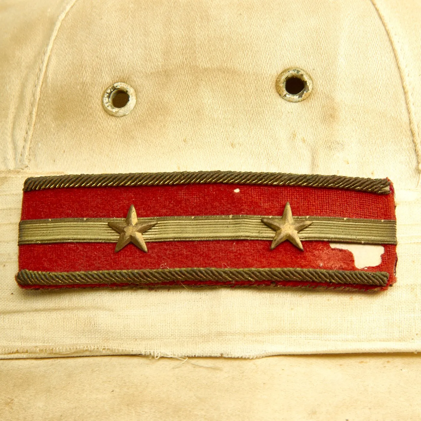 Original Chinese Made Imperial Japanese Army Damaged White Sun Pith Helmet with Lieutenant Insignia